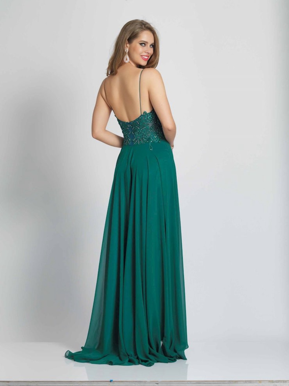 Green low back beaded gown